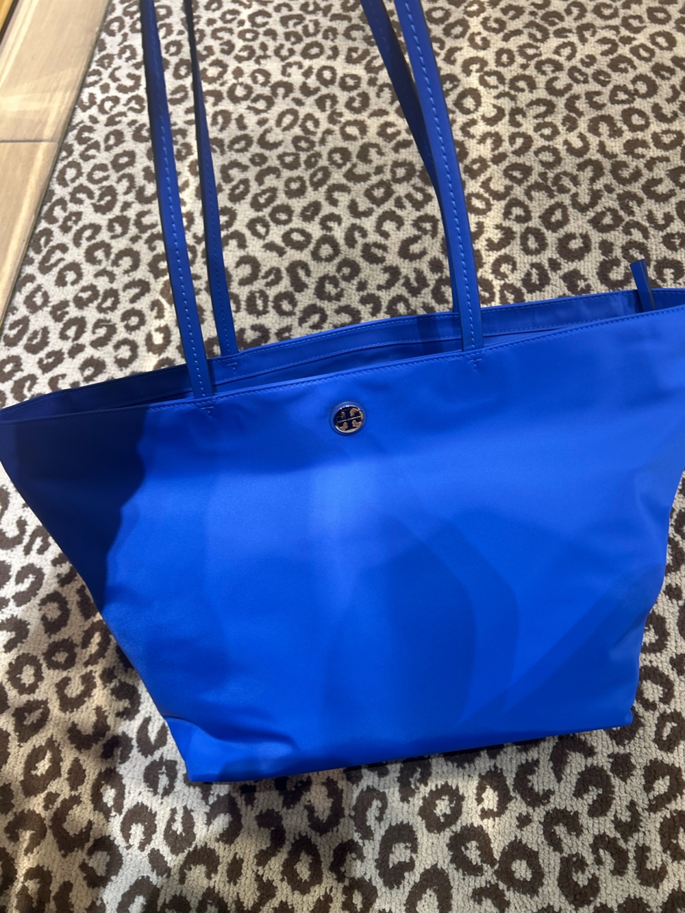 Tory Burch Electric Blue Tote nylon tote bag zip closure logo accent gold